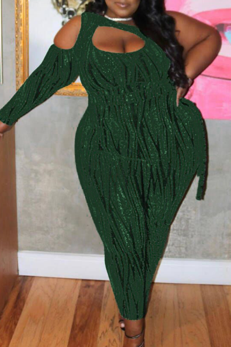 Green Sexy Print Hollowed Out One Shoulder Plus Size Jumpsuits