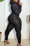 Black Sexy Print Patchwork See-through O Neck Plus Size Jumpsuits