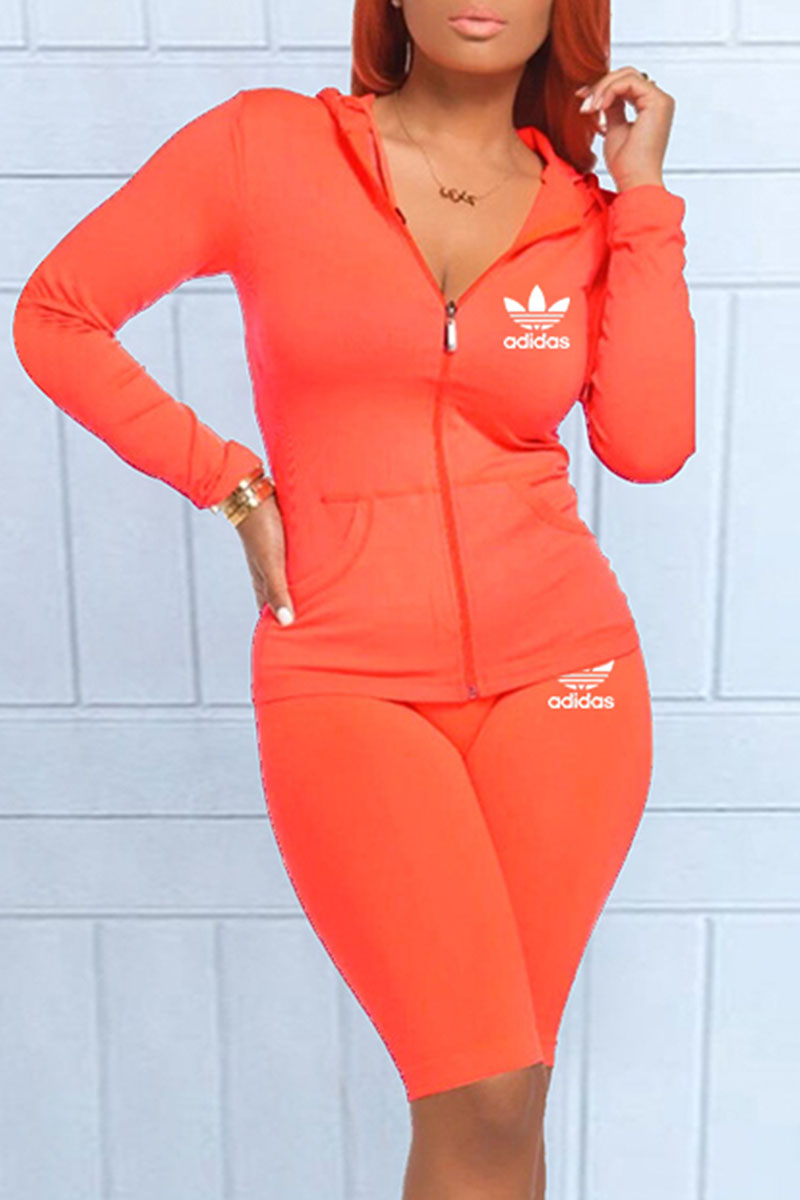 

Orange Fashion Sportswear Print Letter Hooded Collar Long Sleeve Two Pieces