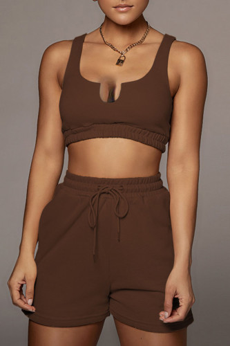 Brown Casual Solid Split Joint U Neck Two Pieces