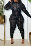 Zwart sexy print patchwork doorzichtige O-hals grote maten jumpsuits