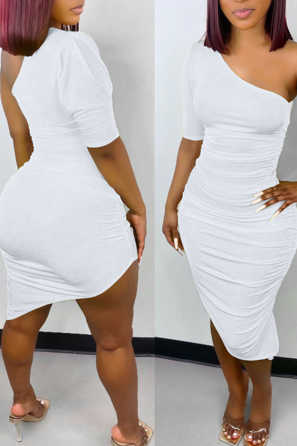 White Sexy Solid Patchwork Fold Asymmetrical Oblique Collar Irregular Dress Dresses