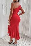 Vestidos de vestido irregular vermelho sexy com babados de um ombro só