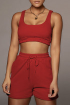 Красный Повседневная спортивная одежда Однотонный Пэчворк U-образный вырез Без рукавов Из двух частей