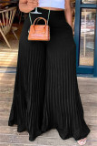 Zwarte mode casual effen vouw normale hoge taille broek met wijde pijpen