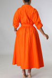 Оранжевое повседневное однотонное платье-рубашка в стиле пэчворк с отложным воротником и пряжкой Платья Платья