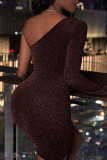 Burgundy Sexy Solid Patchwork Fold Oblique Collar Dresses