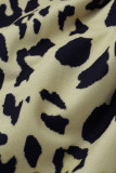 Blaues, modisches, lässiges Leoparden-Patchwork-Kleid mit O-Ausschnitt und langen Ärmeln