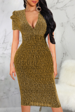 Gold Sexy Solid Patchwork V Neck Pencil Skirt Dresses