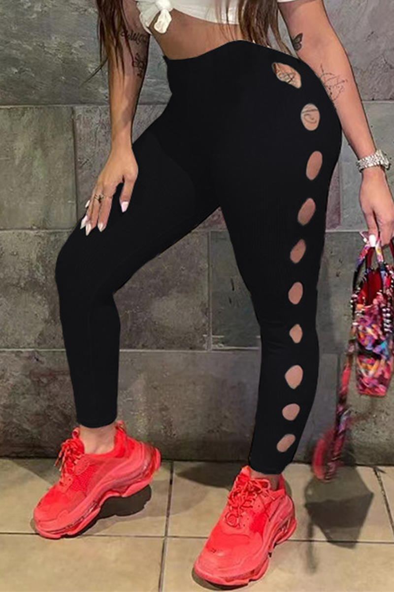 

Black Sexy Solid Hollowed Out Skinny High Waist Pencil Solid Color Bottoms