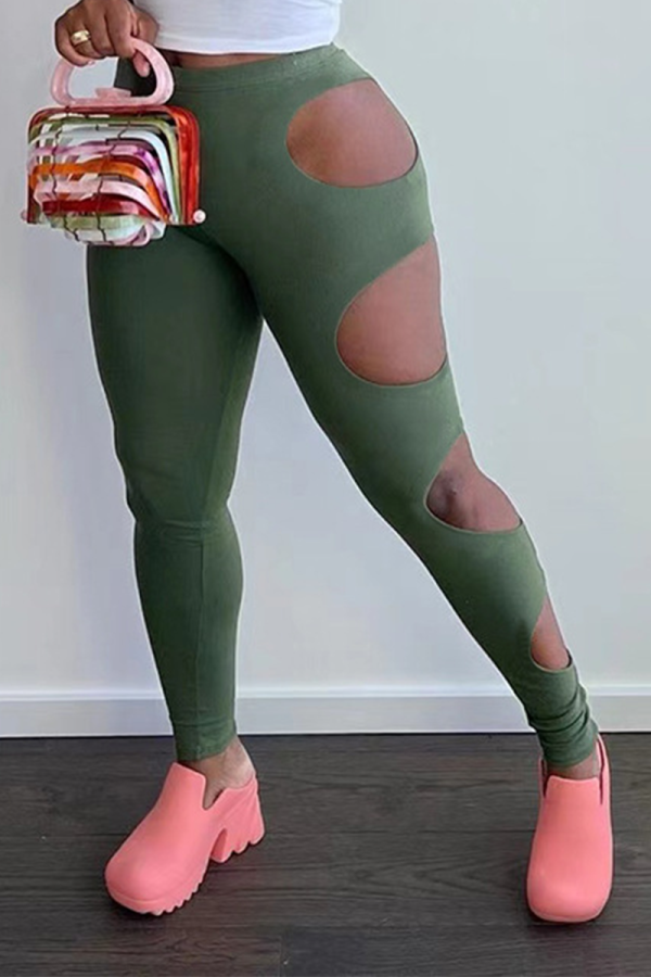 Verde militar Sexy Sólido Ahuecado Flaco Lápiz de cintura alta Pantalones de color sólido