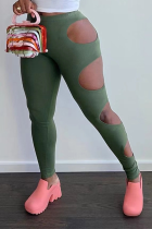 Army Green Sexy Solid Hollowed Out Skinny High Waist Pencil Solid Color Bottoms