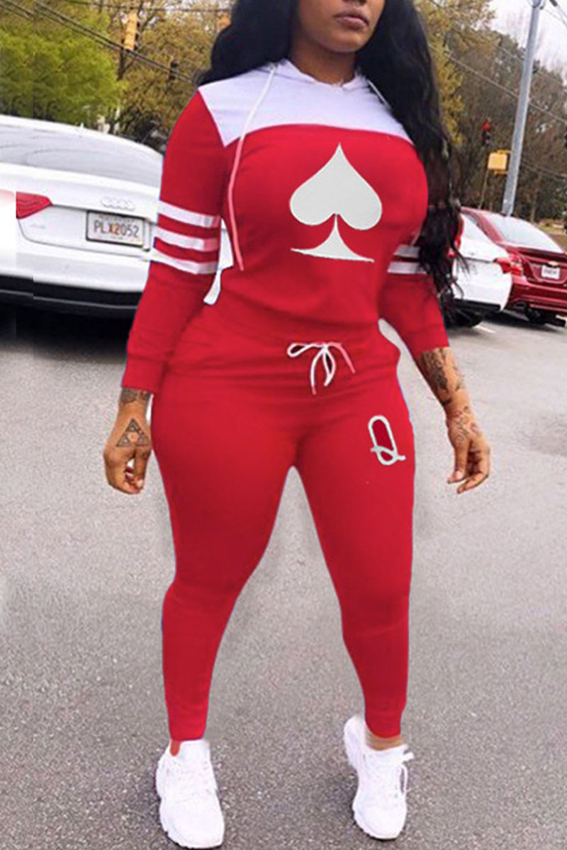 

Red Casual Print Split Joint Hooded Collar Long Sleeve Two Pieces