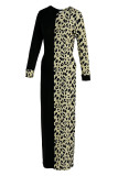 Red Fashion Casual Print Leopard Patchwork O Neck Long Sleeve Dress