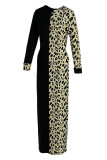 Robe noire à manches longues et col rond, imprimé léopard décontracté, mode décontractée