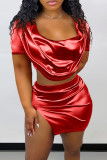 Красные модные сексуальные однотонные лоскутные платья с разрезом и короткими рукавами из двух предметов