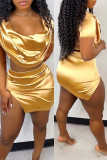 Золотая модная сексуальная однотонная лоскутная юбка с разрезом и коротким рукавом из двух частей