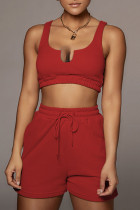 Red Casual Solid Patchwork U Neck Two Pieces