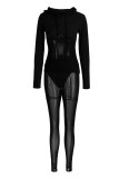 Noir Fashion Sexy Patchwork See-through Hooded Collar Long Sleeve Two Pieces