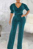 Cyan Casual Solid Patchwork V Neck Straight Jumpsuits