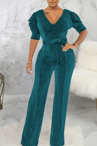 Cyan Casual Solid Split Joint V Neck Straight Jumpsuits