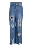 Jeans jeans azul bebê fashion casual rasgado cintura alta regular