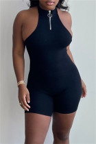Black Sexy Casual Solid Backless Halter Sleeveless Tank Skinny Romper