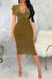 Gold Sexy Solid Patchwork V Neck Pencil Skirt Dresses