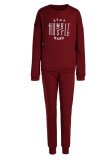 Burgundy Casual Letter Print Patchwork O Neck Long Sleeve Two Pieces