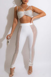 White Sexy Solid Patchwork See-through Hot Drill Spaghetti Strap Sleeveless Two Pieces