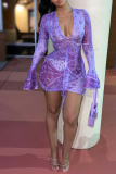 Vestidos de falda lápiz con cuello en V de malla sólida sexy púrpura