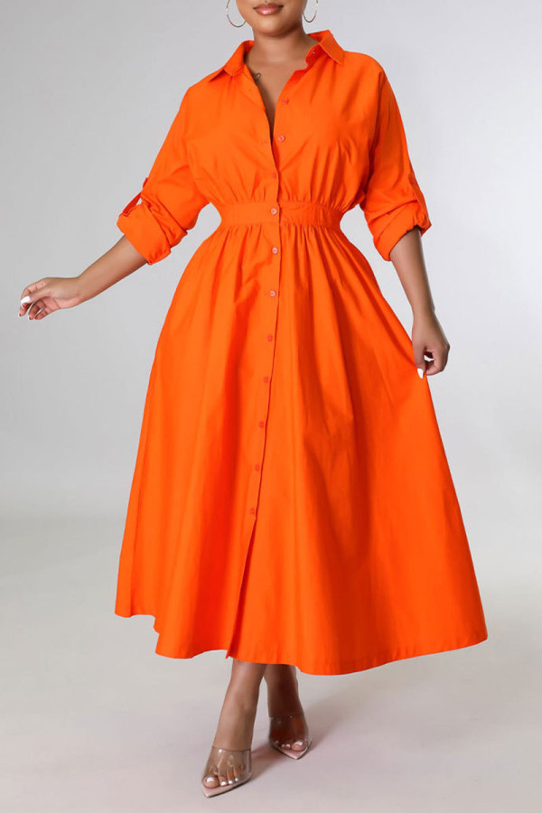オレンジ カジュアル ソリッド パッチワーク バックル ターンダウン カラー シャツドレス ドレス