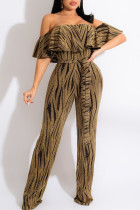 Gold Casual Print Patchwork Flounce Off the Shoulder Straight Jumpsuits