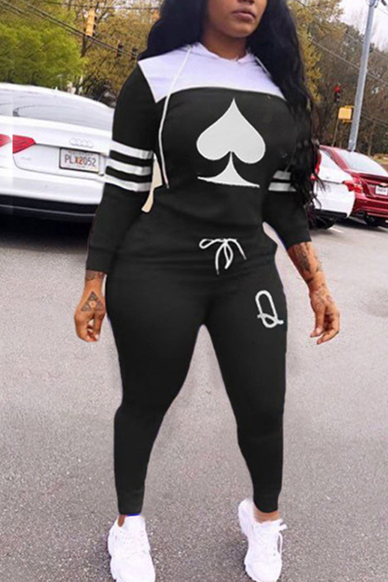 

Black Casual Print Split Joint Hooded Collar Long Sleeve Two Pieces