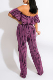 Purple Casual Print Patchwork Flounce Off the Shoulder Straight Jumpsuits