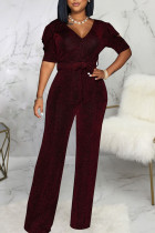Burgundy Casual Solid Patchwork V Neck Straight Jumpsuits