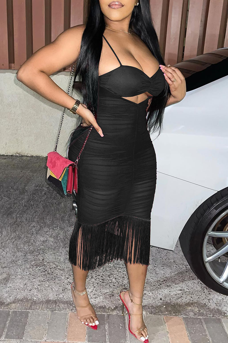 

Black Sexy Solid Tassel Hollowed Out Split Joint Fold Spaghetti Strap Sling Dress Dresses
