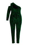 Green Sexy Print Hollowed Out One Shoulder Plus Size Jumpsuits