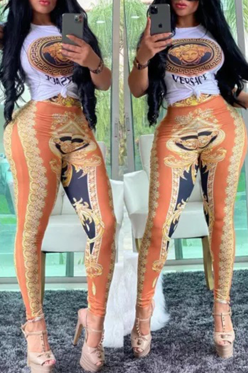 Orange Fashion Casual Print Split Joint O Neck Short Sleeve Two Pieces