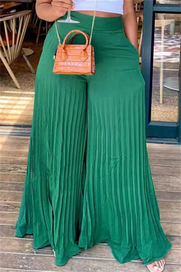 Pantalones de pierna ancha de cintura alta regulares con pliegues sólidos informales de moda verde