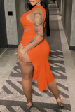 Tangerine Red Sexy Solid Hollowed Out One Shoulder Pencil Skirt Dresses