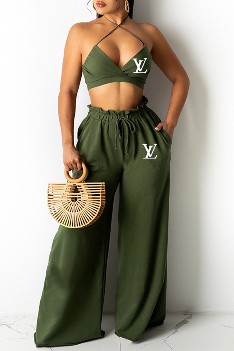

Army Green Fashion Casual Solid Letter Spaghetti Strap Sleeveless Two Pieces