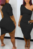 Black Sexy Solid Patchwork Fold Asymmetrical Oblique Collar Irregular Dress Dresses