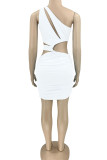 White Sexy Solid Hollowed Out Patchwork Asymmetrical Pencil Skirt Dresses