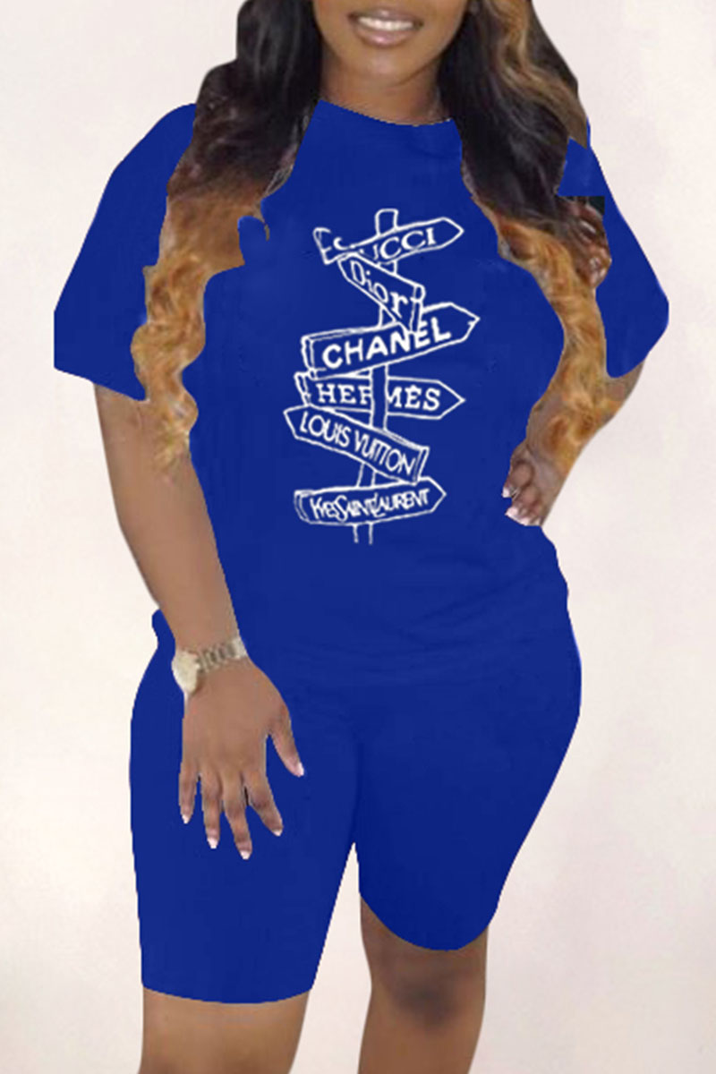 Royal Blue Fashion Casual Print Letter O Neck Short Sleeve Two Pieces