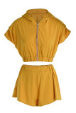 Jaune Fashion Casual Solid Basic Zipper Collar Short Sleeve Two Pieces