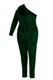 Green Sexy Print Hollowed Out One Shoulder Plus Size Jumpsuits