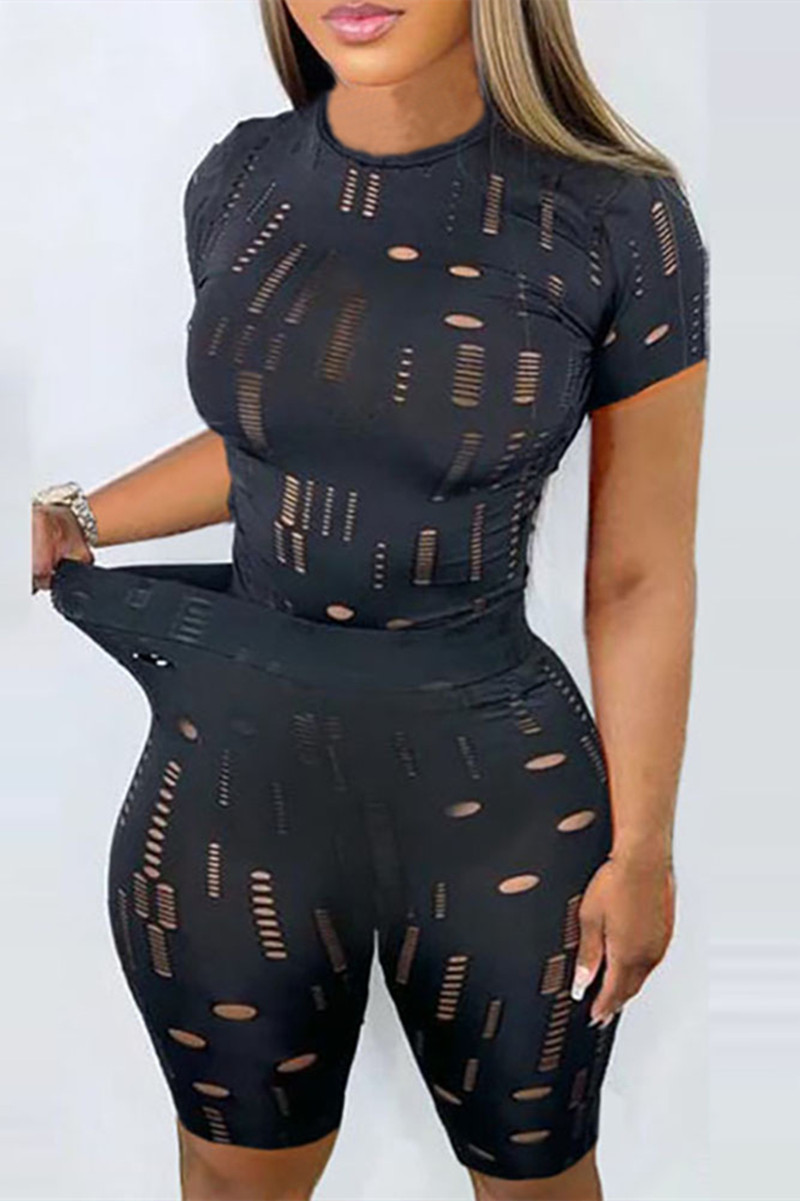 

Black Fashion Sexy Solid Ripped Hollowed Out O Neck Short Sleeve Two Pieces