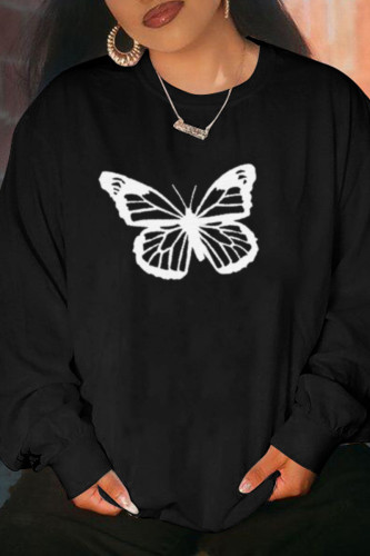 Black Fashion Street Butterfly Print Split Joint O Neck Tops