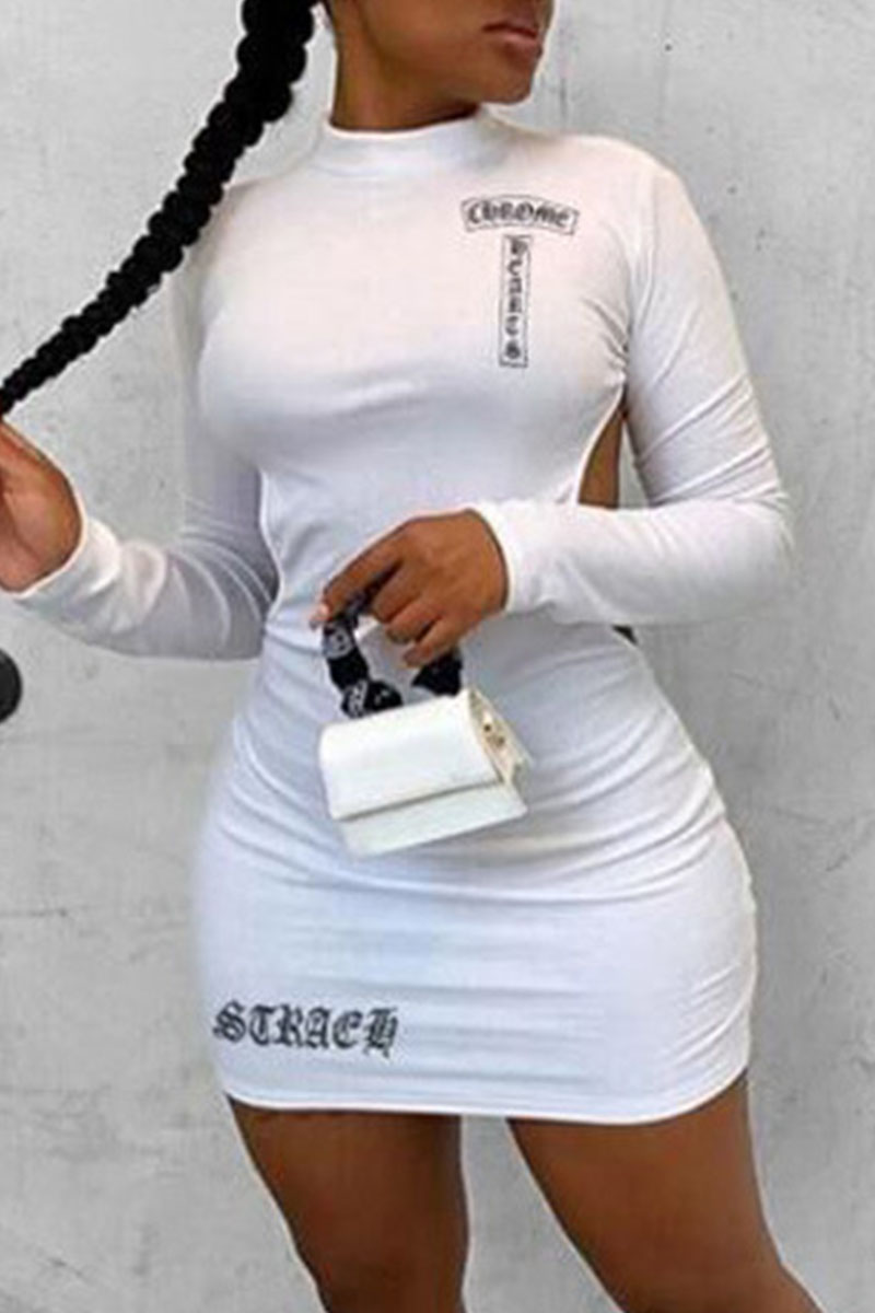 

White Fashion Sexy Print Backless O Neck One Step Skirt Dresses